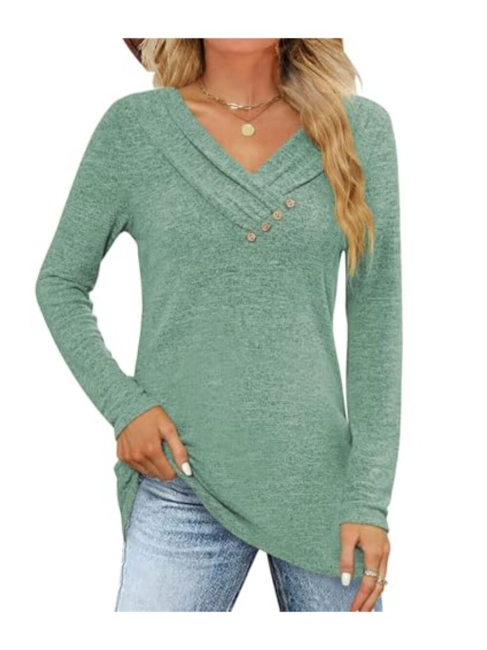 Cicy Bell Women's V Neck Button Tunic Top Long Sleeve Casual Sweatshirt
